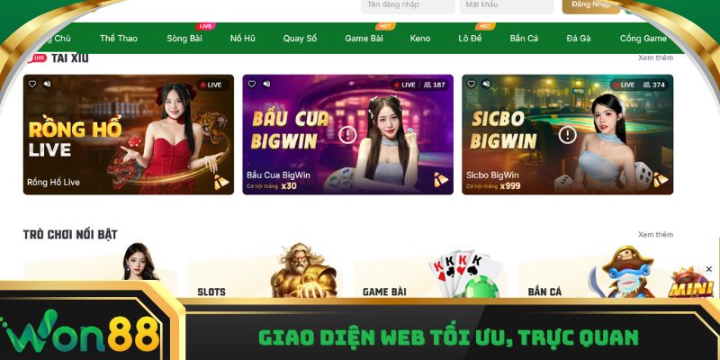 Giao diện web Won88 tối ưu, trực quan